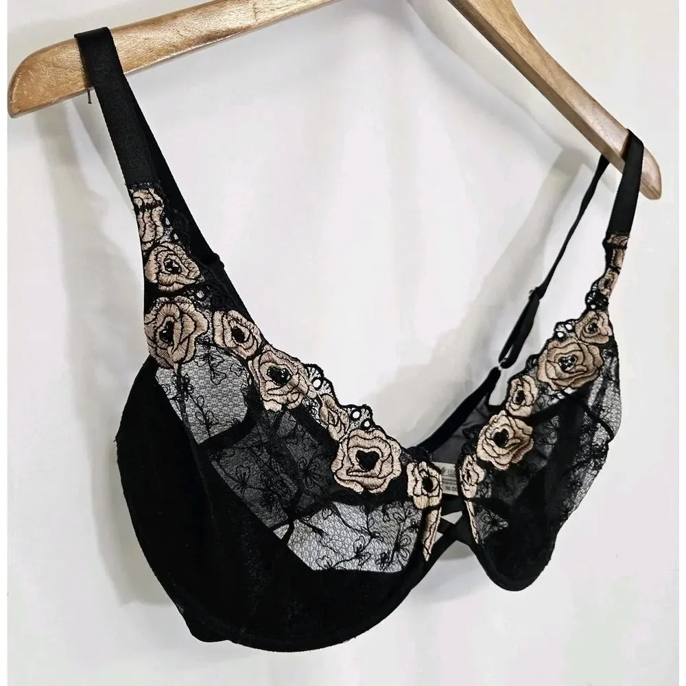 Wacoal Black Lace Rose Applique Retro Underwire Bra 65172 Size 36DD